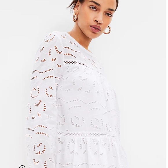 LOFT Eyelet Long Sleeve Swing Dress; White Eyelet; Medium; New Without Tag - Picture 5 of 5